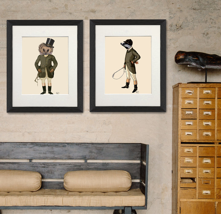 Collection - 2 prints, Hedgehog and Badger Equestrian Art Print, Canvas Wall Art