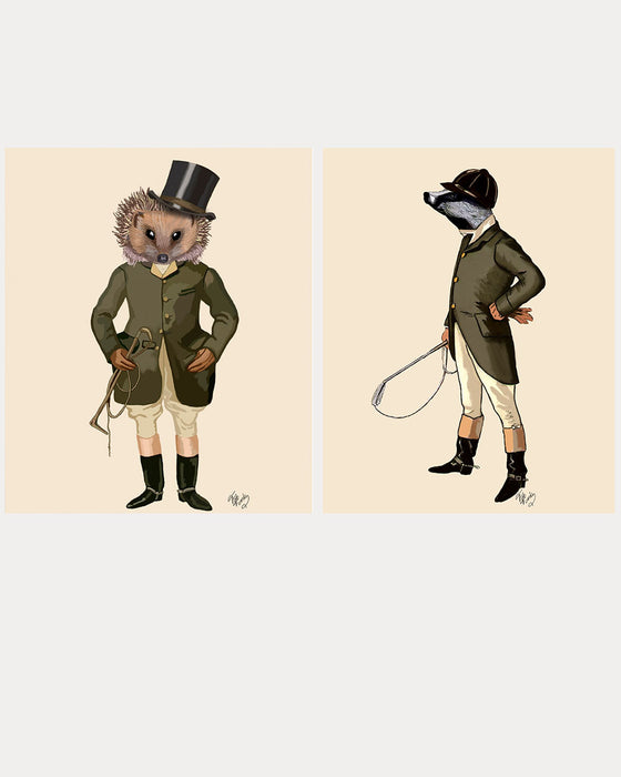 Collection - 2 prints, Hedgehog and Badger Equestrian Art Print, Canvas Wall Art