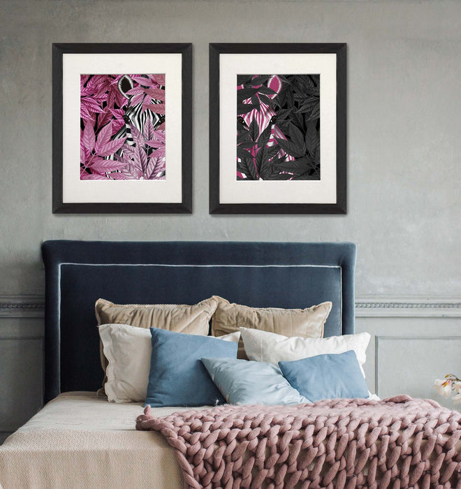 Collection - 2 prints,  Contrasting Zebra Pink and Black Leaves Art Print, Canvas Wall Art