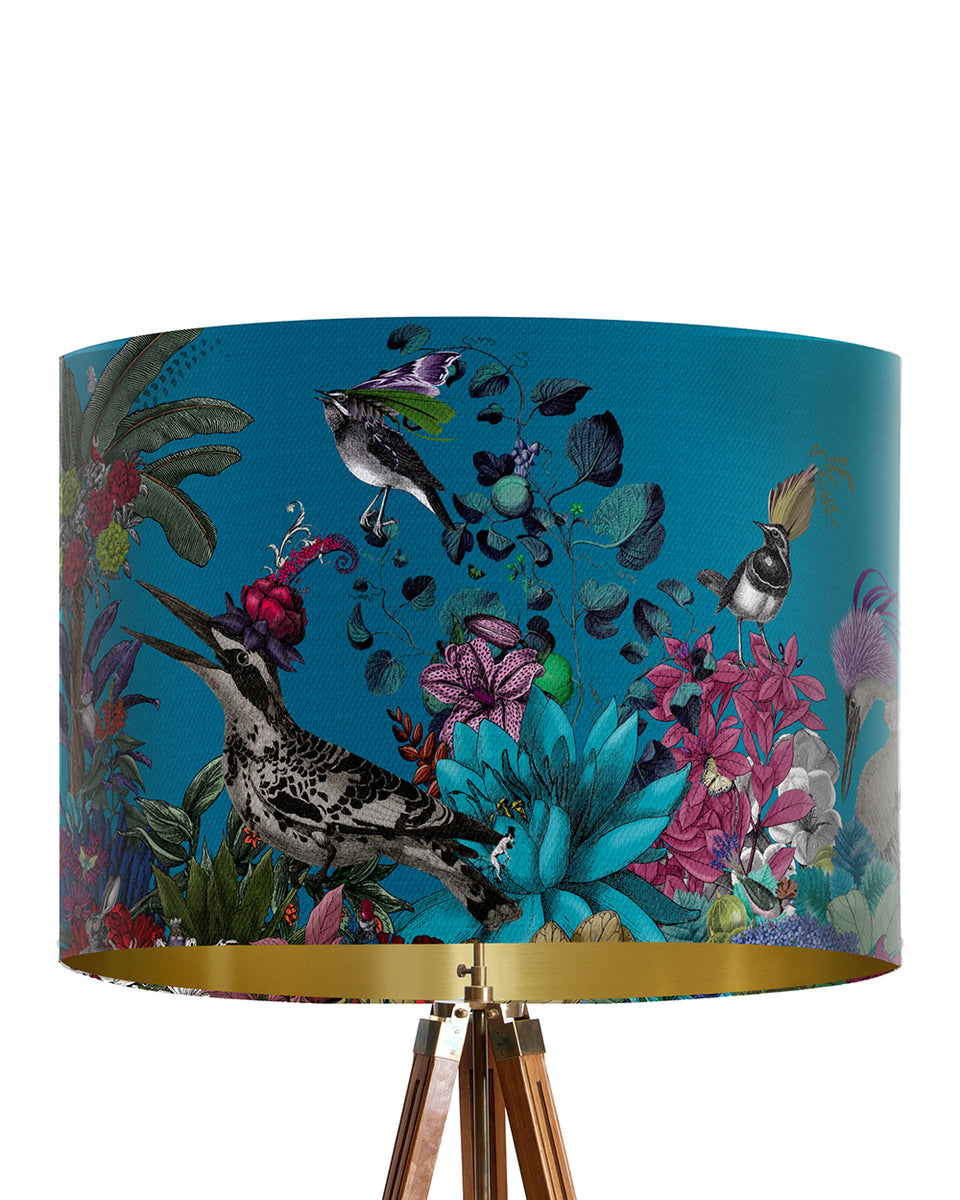 Glorious Plumes Blue Turquoise Gold lined lamp shade Drum Pendant FabFunky