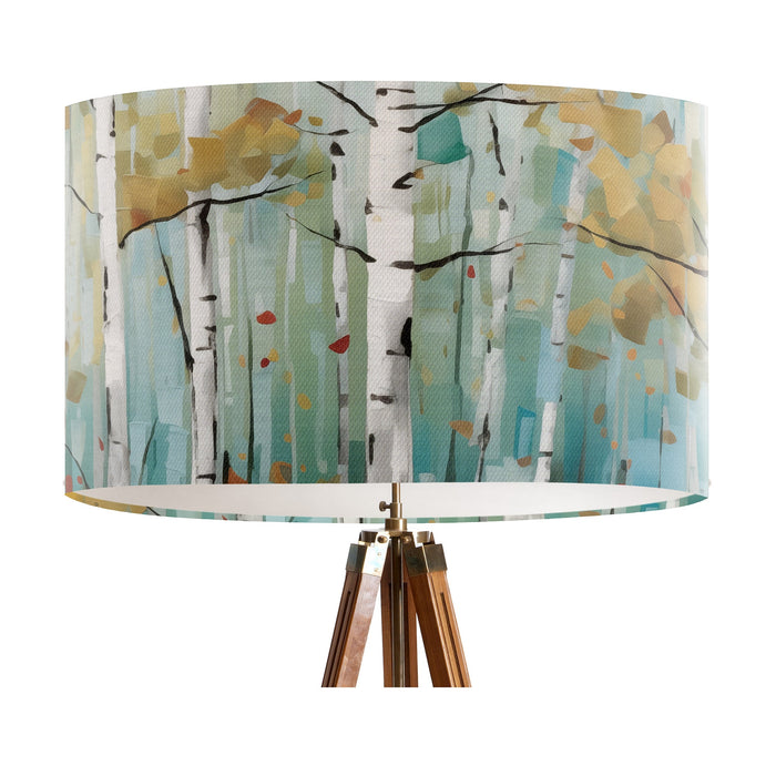 Scandi birch tree scene on a muted dusty jade background on a large sized 40x25cm handcrafted fabric lampshade by artist Kelly Stevens-McLaughlan