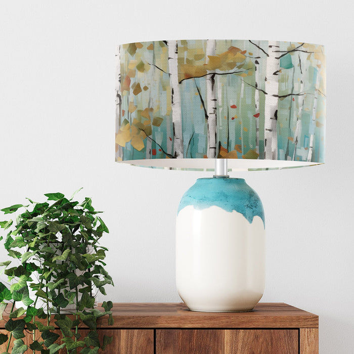 Scandi birch tree scene on a muted dusty jade background on a Extra large sized 45x25cm handcrafted fabric lampshade by artist Kelly Stevens-McLaughlan