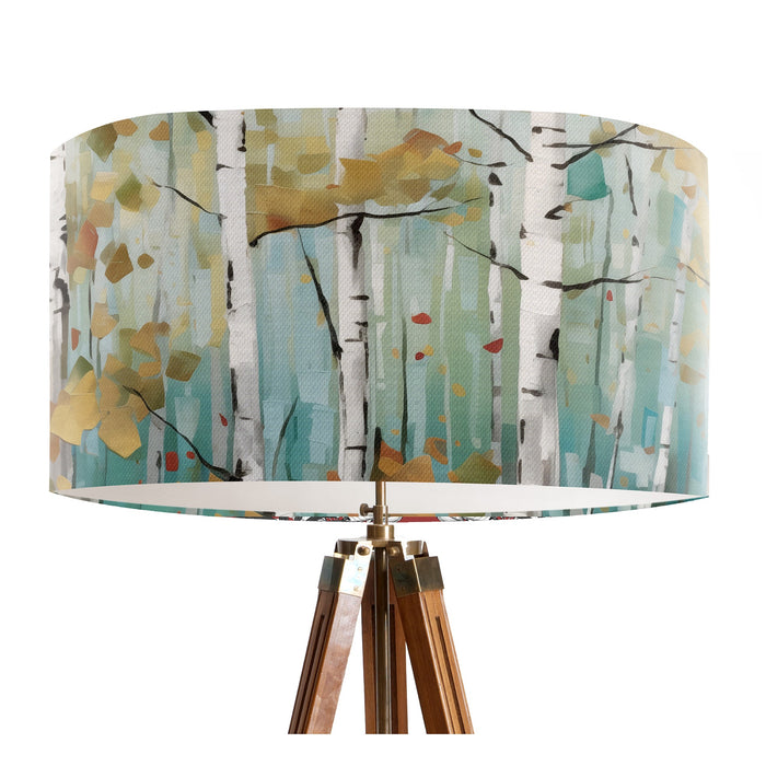 Scandi birch tree scene on a muted dusty jade background on a Extra large sized 45x25cm handcrafted fabric lampshade by artist Kelly Stevens-McLaughlan