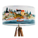 A vibrant whimsical Scandinavian coastal village design on a Extra large sized 45x25cm handcrafted fabric lampshade by artist Kelly Stevens-McLaughlan