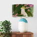 Parrots in white, green & blue along with monkeys sit amoungst green tropical leaves on a pink background on a Extra large sized 45x25cm handcrafted fabric lampshade by artist Kelly Stevens-McLaughlan