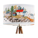 A vibrant whimsical Scandinavian coastal village design on a large sized 40x25cm handcrafted fabric lampshade by artist Kelly Stevens-McLaughlan