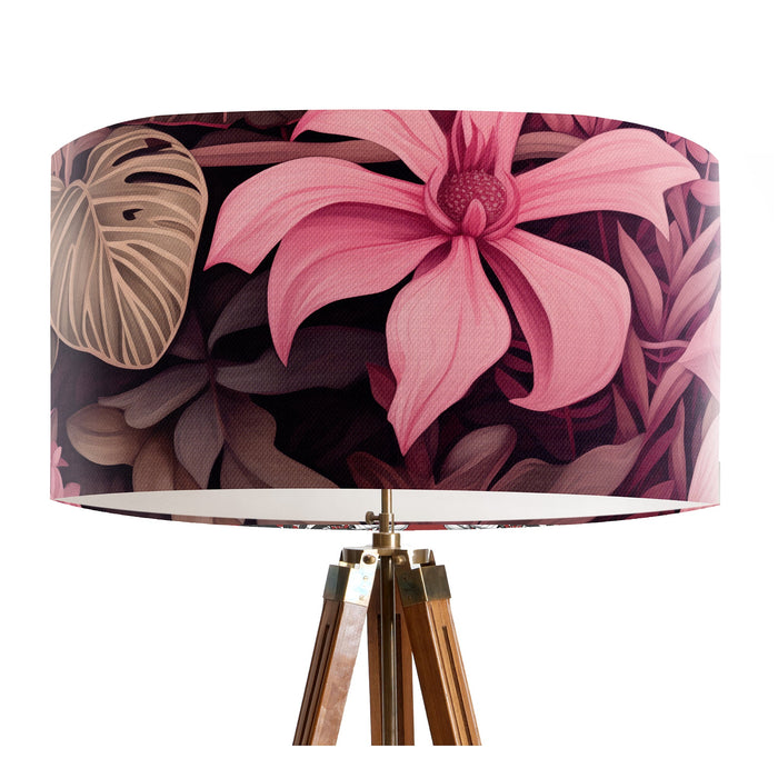 Pink and taupe tropical leaves and flowers, a lively design on a Extra large sized 45x25cm handcrafted fabric lampshade by artist Kelly Stevens-McLaughlan