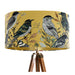 Intricately drawn birds, sit on branches and leaves with a yellow backdrop on a Extra large sized 45x25cm handcrafted fabric lampshade by artist Kelly Stevens-McLaughlan