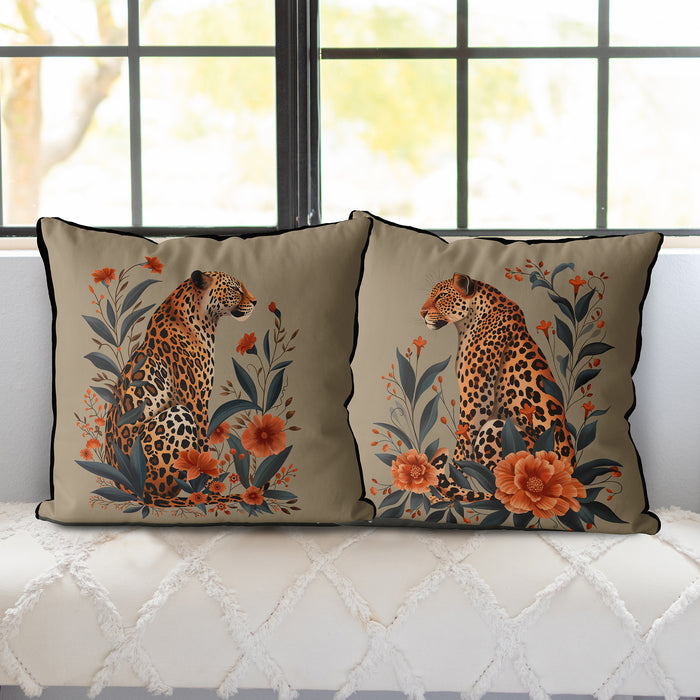 Leopard Orange Flowers 2 Cushion, Throw Pillow in Green or Taupe