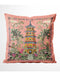 Velvet coral cushion with a pagoda and delicate floral accents.