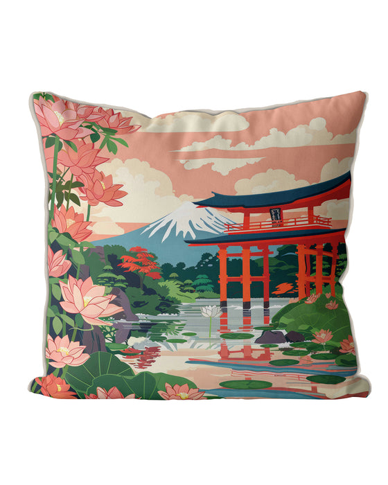 Peach cushion featuring a Japanese torii gate, Mount Fuji, and lotus flowers.