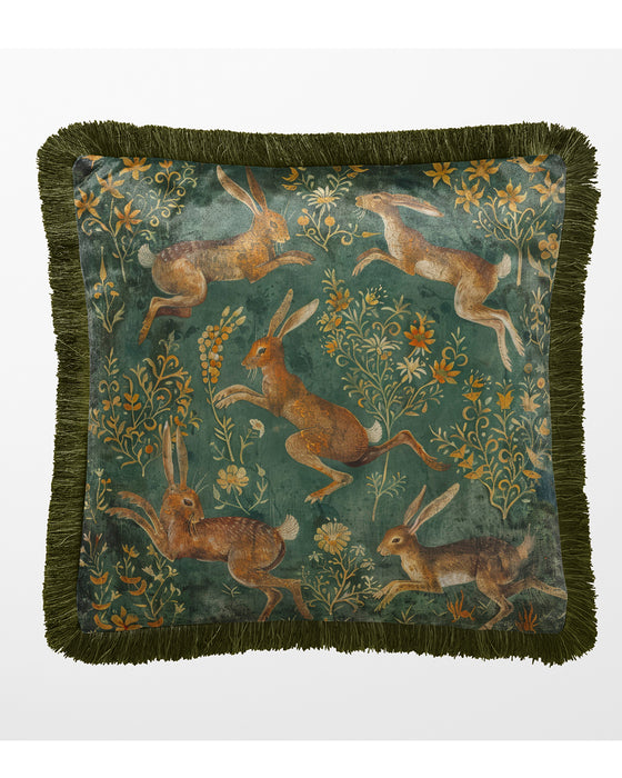 Hare Husk Green Luxury Fringed Velvet Cushion Throw Pillow Cover