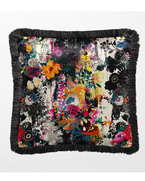 Floral Chaos Cushion Fringed Velvet Luxury Throw Pillow Cover