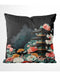 Velvet cushion featuring a pagoda surrounded by florals on a black background.