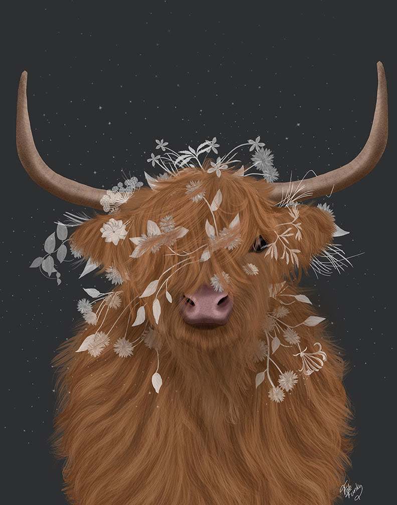 Highland Cow With White Flowers Pattern Avaleigh Collection 