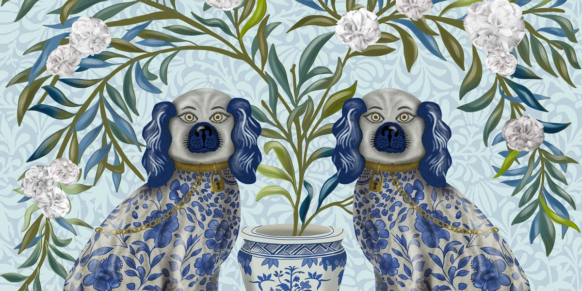 Vintage Chinoiserie Staffordshire Style Blue and White Porcelain 2024 Dog Figurines