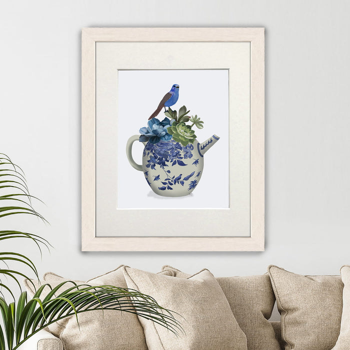 Chinoiserie Teapot, Echevaria and Bird, Art Print, Canvas art | Print 14x11inch