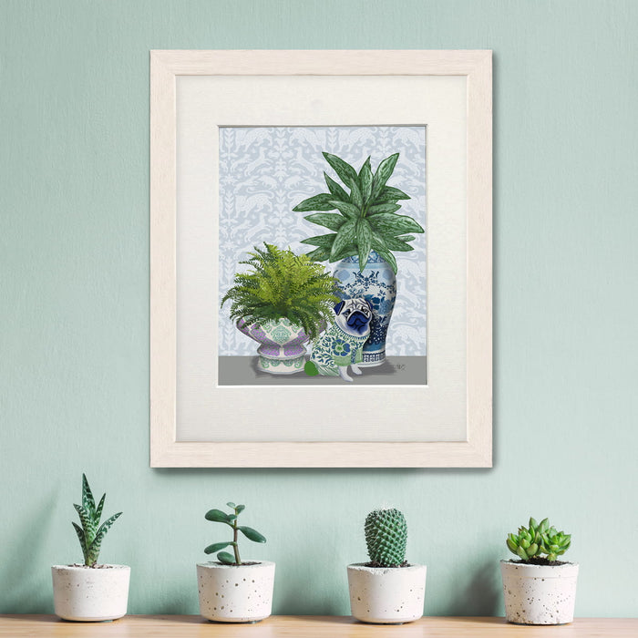 Blue Green Pug Trio, Chinoiserie Art Print, Canvas art | Print 14x11inch